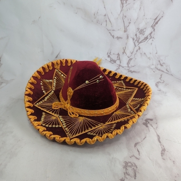 Vintage Pigalle Sombrero Mexican Hat Red Gold Sequin Velvet Yellow - Picture 2 of 13